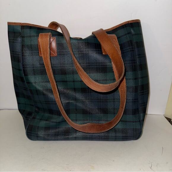 VINTAGE RALPH LAUREN Black Watch Waxed Leather Coated Canvas Overnight Bag - Picture 4 of 6